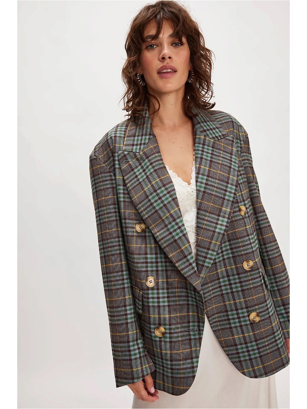 Free People Preppy Dark Academia Dean Double Breasted Blazer Oliver Plaid Small - Picture 10 of 16